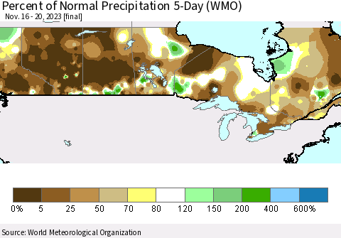 Canada Percent of Normal Precipitation 5-Day (WMO) Thematic Map For 11/16/2023 - 11/20/2023