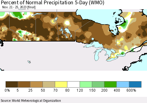 Canada Percent of Normal Precipitation 5-Day (WMO) Thematic Map For 11/21/2023 - 11/25/2023