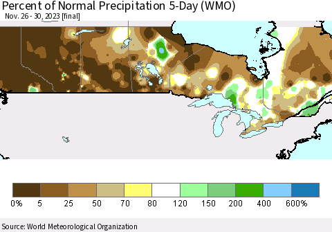 Canada Percent of Normal Precipitation 5-Day (WMO) Thematic Map For 11/26/2023 - 11/30/2023