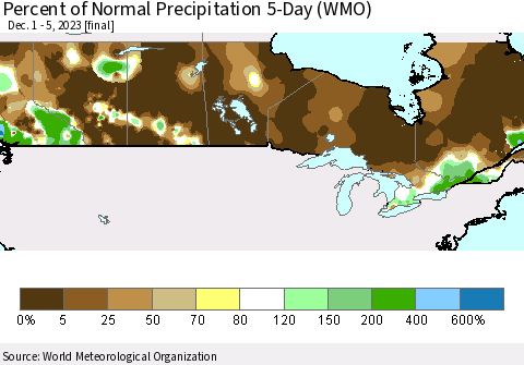Canada Percent of Normal Precipitation 5-Day (WMO) Thematic Map For 12/1/2023 - 12/5/2023