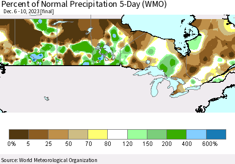 Canada Percent of Normal Precipitation 5-Day (WMO) Thematic Map For 12/6/2023 - 12/10/2023