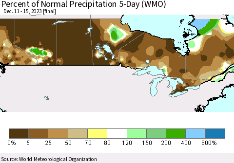 Canada Percent of Normal Precipitation 5-Day (WMO) Thematic Map For 12/11/2023 - 12/15/2023