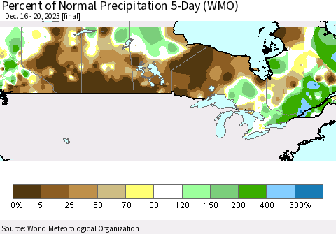 Canada Percent of Normal Precipitation 5-Day (WMO) Thematic Map For 12/16/2023 - 12/20/2023