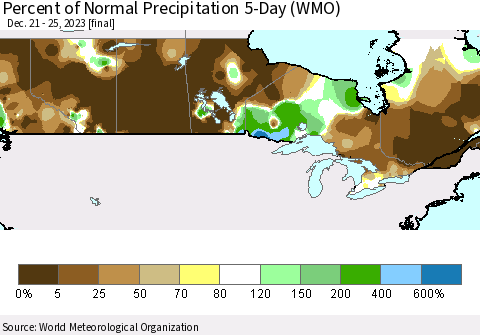 Canada Percent of Normal Precipitation 5-Day (WMO) Thematic Map For 12/21/2023 - 12/25/2023