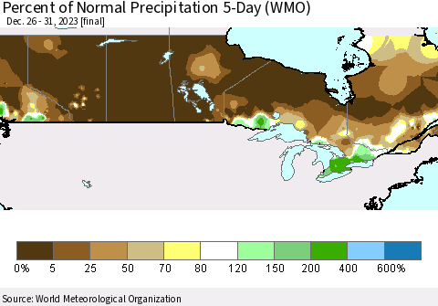 Canada Percent of Normal Precipitation 5-Day (WMO) Thematic Map For 12/26/2023 - 12/31/2023