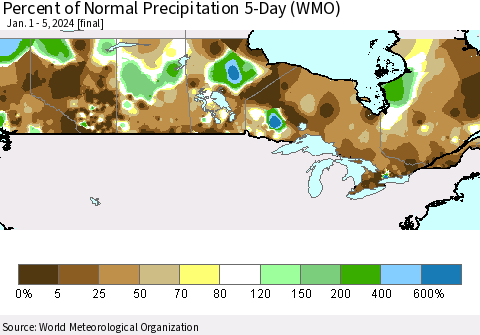 Canada Percent of Normal Precipitation 5-Day (WMO) Thematic Map For 1/1/2024 - 1/5/2024