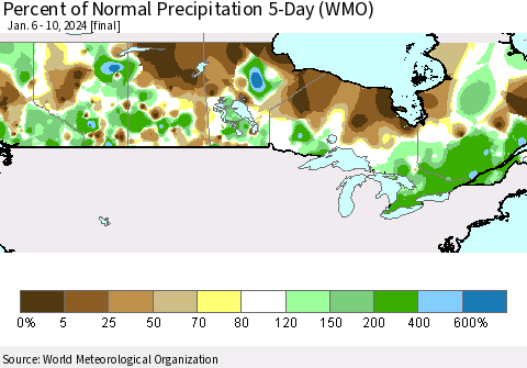 Canada Percent of Normal Precipitation 5-Day (WMO) Thematic Map For 1/6/2024 - 1/10/2024