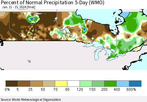 Canada Percent of Normal Precipitation 5-Day (WMO) Thematic Map For 1/11/2024 - 1/15/2024