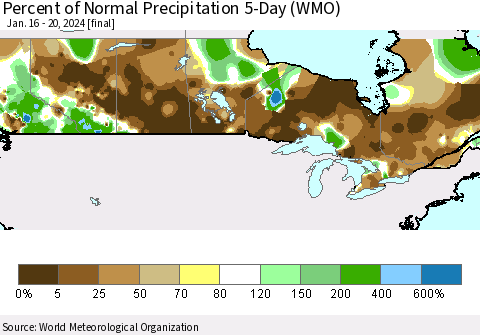 Canada Percent of Normal Precipitation 5-Day (WMO) Thematic Map For 1/16/2024 - 1/20/2024