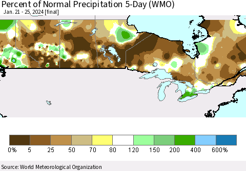 Canada Percent of Normal Precipitation 5-Day (WMO) Thematic Map For 1/21/2024 - 1/25/2024
