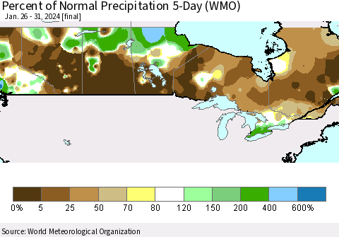 Canada Percent of Normal Precipitation 5-Day (WMO) Thematic Map For 1/26/2024 - 1/31/2024