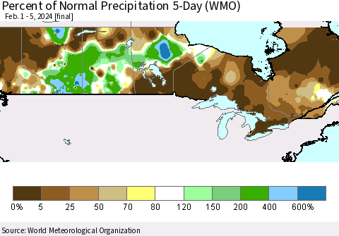 Canada Percent of Normal Precipitation 5-Day (WMO) Thematic Map For 2/1/2024 - 2/5/2024