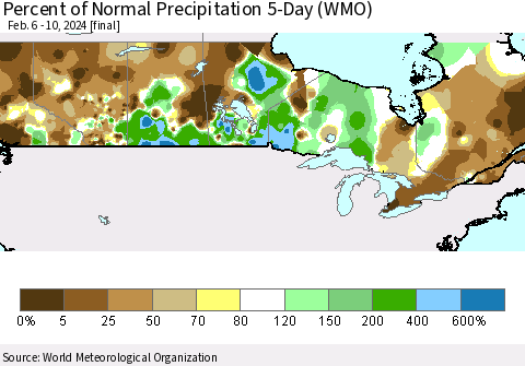 Canada Percent of Normal Precipitation 5-Day (WMO) Thematic Map For 2/6/2024 - 2/10/2024
