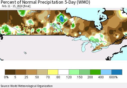 Canada Percent of Normal Precipitation 5-Day (WMO) Thematic Map For 2/11/2024 - 2/15/2024