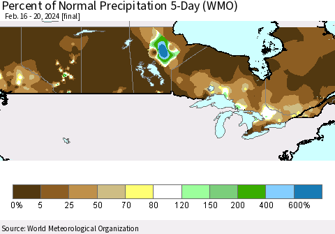 Canada Percent of Normal Precipitation 5-Day (WMO) Thematic Map For 2/16/2024 - 2/20/2024