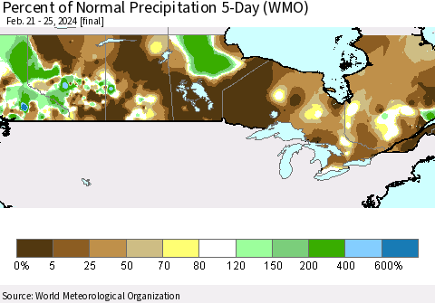 Canada Percent of Normal Precipitation 5-Day (WMO) Thematic Map For 2/21/2024 - 2/25/2024