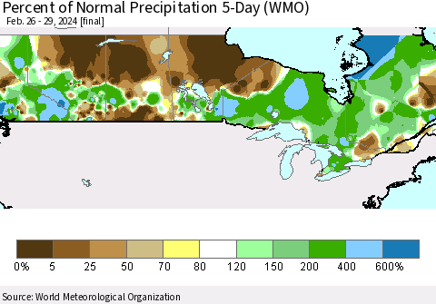 Canada Percent of Normal Precipitation 5-Day (WMO) Thematic Map For 2/26/2024 - 2/29/2024