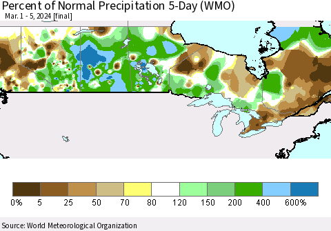 Canada Percent of Normal Precipitation 5-Day (WMO) Thematic Map For 3/1/2024 - 3/5/2024
