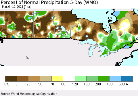 Canada Percent of Normal Precipitation 5-Day (WMO) Thematic Map For 3/6/2024 - 3/10/2024