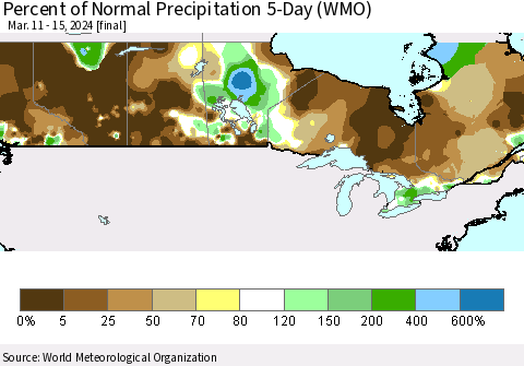 Canada Percent of Normal Precipitation 5-Day (WMO) Thematic Map For 3/11/2024 - 3/15/2024