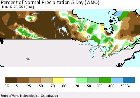 Canada Percent of Normal Precipitation 5-Day (WMO) Thematic Map For 3/16/2024 - 3/20/2024