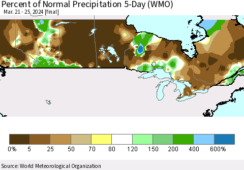 Canada Percent of Normal Precipitation 5-Day (WMO) Thematic Map For 3/21/2024 - 3/25/2024