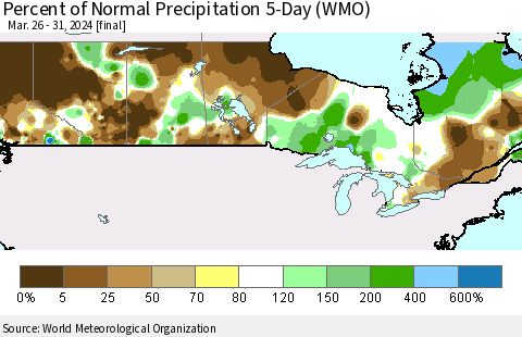 Canada Percent of Normal Precipitation 5-Day (WMO) Thematic Map For 3/26/2024 - 3/31/2024