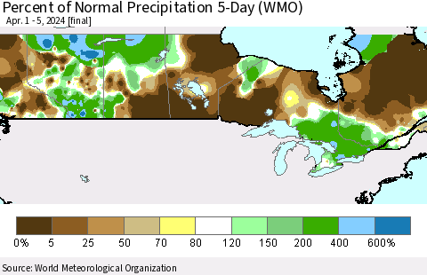 Canada Percent of Normal Precipitation 5-Day (WMO) Thematic Map For 4/1/2024 - 4/5/2024