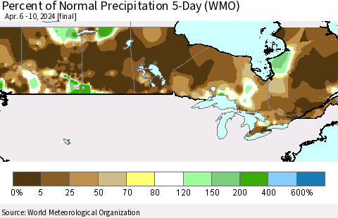 Canada Percent of Normal Precipitation 5-Day (WMO) Thematic Map For 4/6/2024 - 4/10/2024
