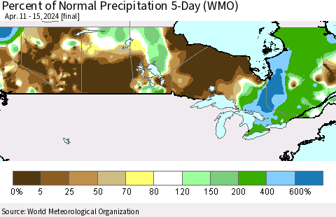 Canada Percent of Normal Precipitation 5-Day (WMO) Thematic Map For 4/11/2024 - 4/15/2024
