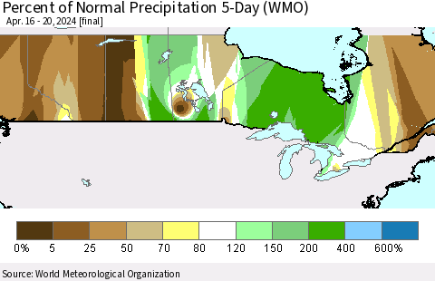 Canada Percent of Normal Precipitation 5-Day (WMO) Thematic Map For 4/16/2024 - 4/20/2024