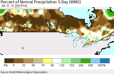 Canada Percent of Normal Precipitation 5-Day (WMO) Thematic Map For 4/21/2024 - 4/25/2024