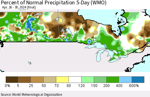 Canada Percent of Normal Precipitation 5-Day (WMO) Thematic Map For 4/26/2024 - 4/30/2024