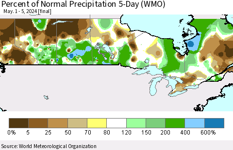 Canada Percent of Normal Precipitation 5-Day (WMO) Thematic Map For 5/1/2024 - 5/5/2024