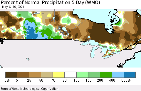 Canada Percent of Normal Precipitation 5-Day (WMO) Thematic Map For 5/6/2024 - 5/10/2024