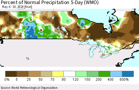 Canada Percent of Normal Precipitation 5-Day (WMO) Thematic Map For 5/6/2024 - 5/10/2024