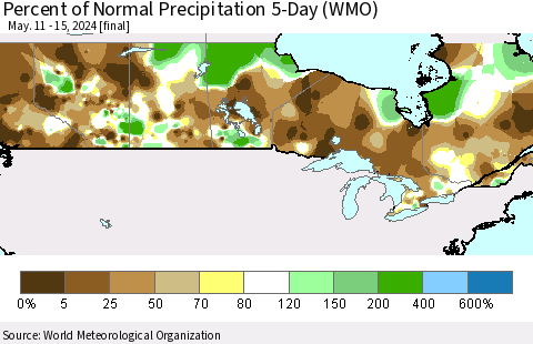 Canada Percent of Normal Precipitation 5-Day (WMO) Thematic Map For 5/11/2024 - 5/15/2024
