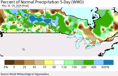 Canada Percent of Normal Precipitation 5-Day (WMO) Thematic Map For 5/16/2024 - 5/20/2024