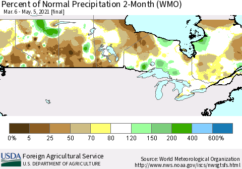 Canada Percent of Normal Precipitation 2-Month (WMO) Thematic Map For 3/6/2021 - 5/5/2021