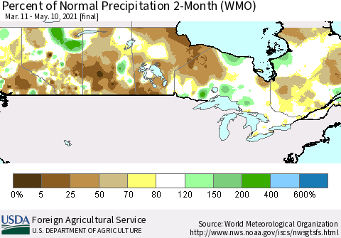 Canada Percent of Normal Precipitation 2-Month (WMO) Thematic Map For 3/11/2021 - 5/10/2021