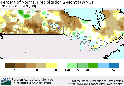 Canada Percent of Normal Precipitation 2-Month (WMO) Thematic Map For 3/16/2021 - 5/15/2021