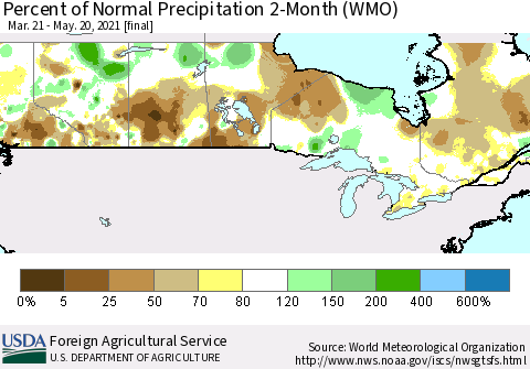 Canada Percent of Normal Precipitation 2-Month (WMO) Thematic Map For 3/21/2021 - 5/20/2021