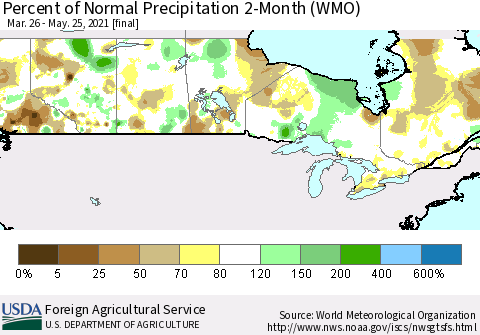Canada Percent of Normal Precipitation 2-Month (WMO) Thematic Map For 3/26/2021 - 5/25/2021
