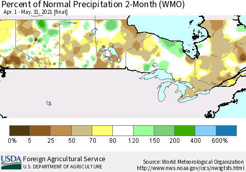Canada Percent of Normal Precipitation 2-Month (WMO) Thematic Map For 4/1/2021 - 5/31/2021