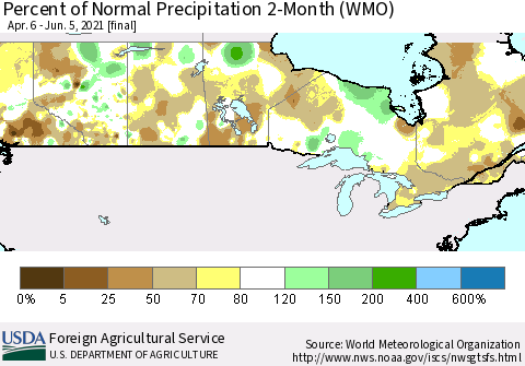 Canada Percent of Normal Precipitation 2-Month (WMO) Thematic Map For 4/6/2021 - 6/5/2021
