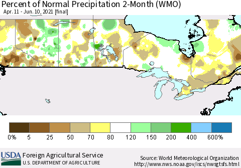 Canada Percent of Normal Precipitation 2-Month (WMO) Thematic Map For 4/11/2021 - 6/10/2021