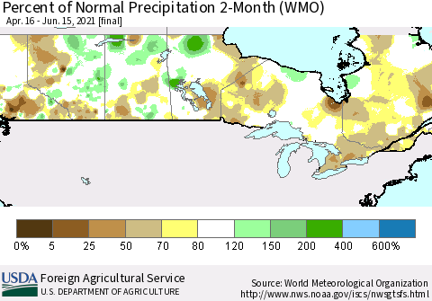 Canada Percent of Normal Precipitation 2-Month (WMO) Thematic Map For 4/16/2021 - 6/15/2021