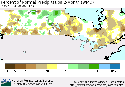 Canada Percent of Normal Precipitation 2-Month (WMO) Thematic Map For 4/21/2021 - 6/20/2021