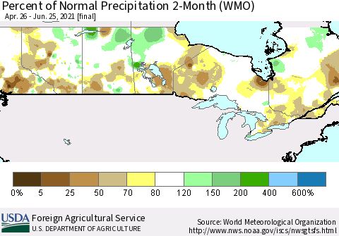 Canada Percent of Normal Precipitation 2-Month (WMO) Thematic Map For 4/26/2021 - 6/25/2021