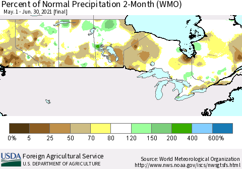 Canada Percent of Normal Precipitation 2-Month (WMO) Thematic Map For 5/1/2021 - 6/30/2021